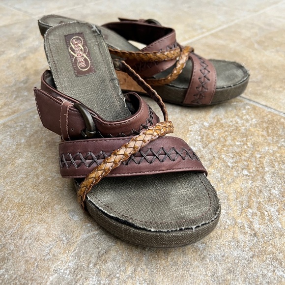 Y2K Skechers Leather Braide Modiste Electric Bond Chocolate Cork Wedge Sandals 8 - Picture 11 of 14